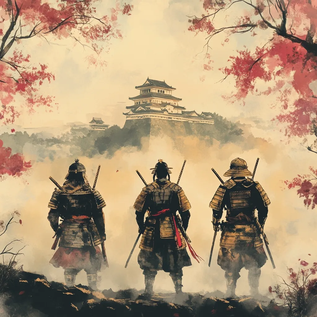 Three samurai, clad in traditional armor and carrying katana swords, stand before a majestic Japanese castle shrouded in mist.  Cherry blossom trees frame the scene, their delicate pink flowers contrasting with the warriors' stoic figures.  The artwork evokes a sense of serenity and the quiet strength of feudal Japan.  The castle sits atop a hill, a symbol of power and authority in the misty landscape.