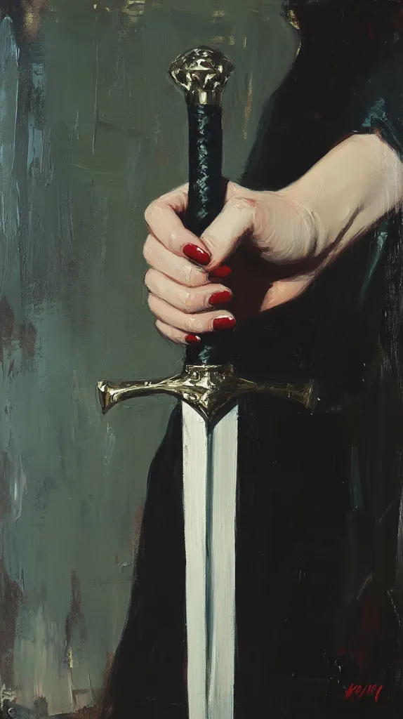 A close-up oil painting depicts a fair-skinned woman's hand, adorned with red nail polish, gripping a sword's hilt. The sword, with a silver-gold crossguard and a long, slender blade, is the painting's focal point.  The woman is dressed in dark clothing, creating a stark contrast against the sword. The background is a textured, muted green. The style is painterly, with visible brushstrokes.
