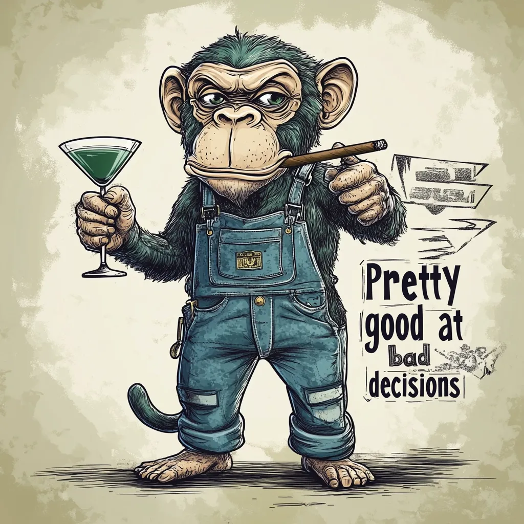A stylized illustration of a chimpanzee in denim overalls, holding a martini glass and a cigar.  The chimp has a mischievous expression, and text beside it reads, "Pretty good at bad decisions." The image is in a vintage style with a textured background, evoking a sense of rebellion and humor. The overall aesthetic is darkly comedic and slightly edgy.