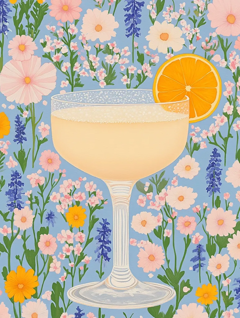 A refreshing cocktail, possibly a French 75 or similar, is depicted in a coupe glass.  A slice of orange adorns the rim. The drink is nestled amongst a vibrant, whimsical backdrop of pink, white, and purple wildflowers on a pale blue background, creating a cheerful and summery aesthetic. The illustration style is simple and charming, emphasizing the bright colors and overall feeling of freshness.