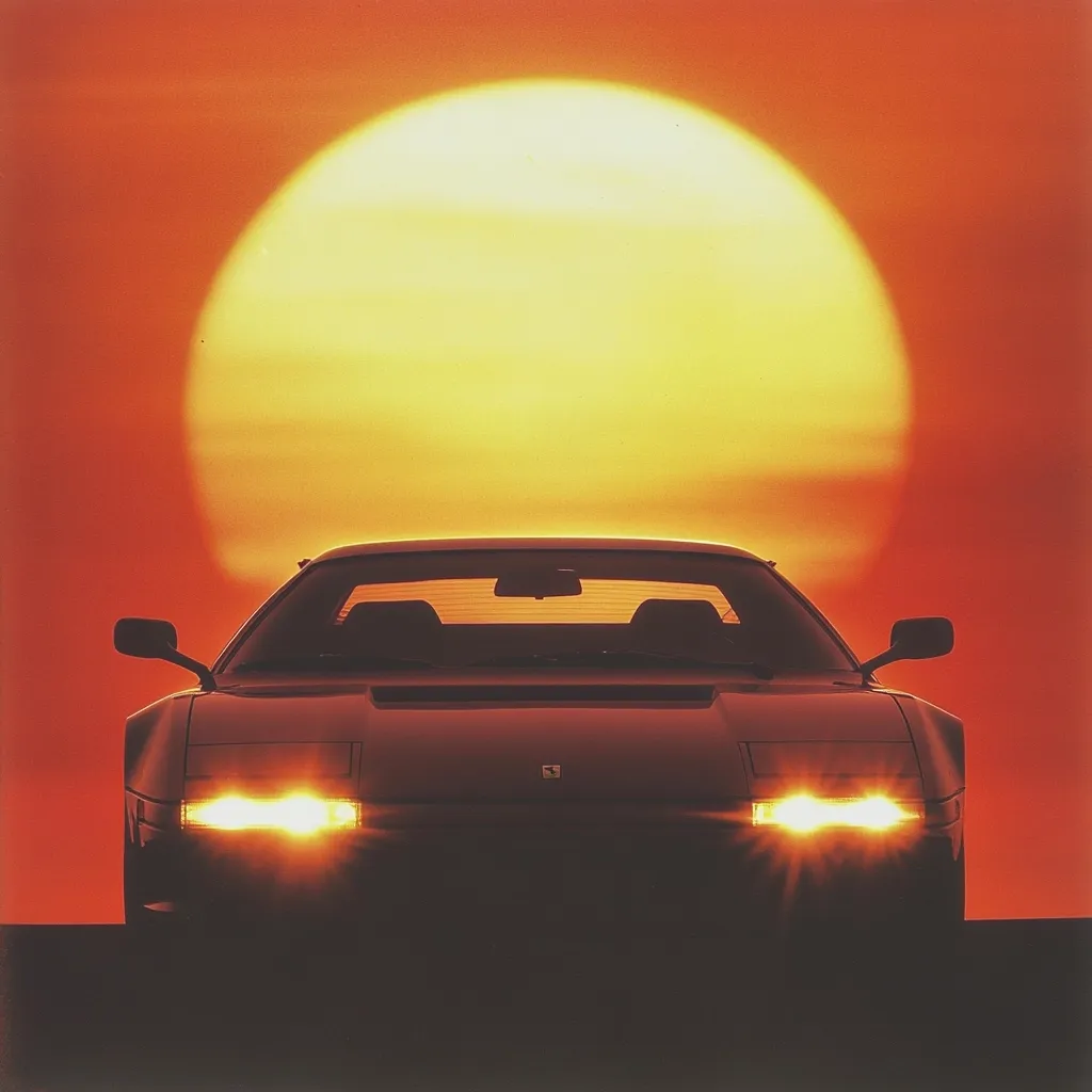 A classic Ferrari sports car is silhouetted against a vibrant sunset. The large, orange sun dominates the background, casting a warm glow on the vehicle.  The car's headlights illuminate, creating a striking contrast against the fiery sky.  The image evokes a sense of luxury, speed, and the beauty of a dramatic sunset.