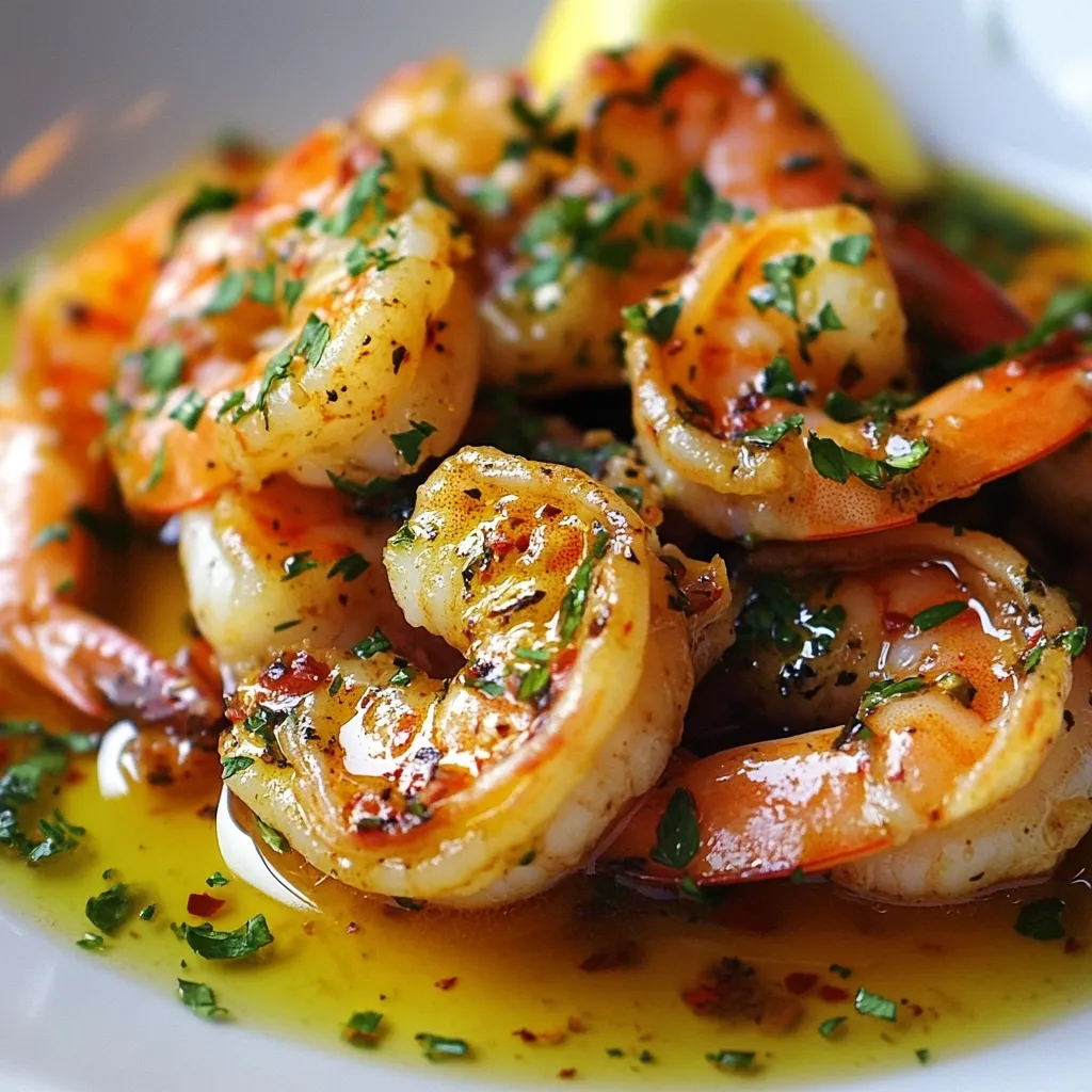 Close-up view of succulent, glistening shrimp, cooked to perfection and generously coated in a vibrant yellow-orange sauce.  The shrimp are scattered with fresh parsley, adding a pop of green. The dish sits in a shallow white bowl, suggesting a flavorful and appetizing meal.  A hint of lemon is visible in the background.