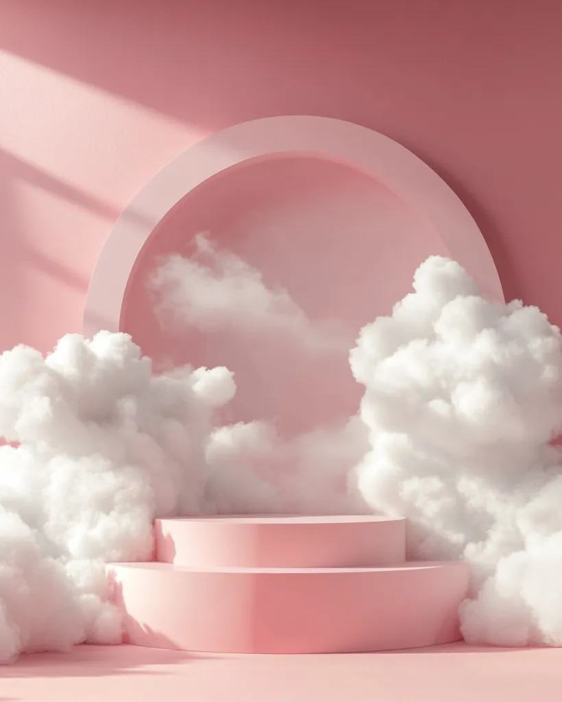 A two-tiered pink podium sits nestled amongst fluffy white clouds against a soft pink backdrop.  A large, circular frame encircles the scene, adding architectural interest.  Sunlight streams in from the upper left, casting gentle shadows. The overall aesthetic is dreamy and whimsical, ideal for product display or branding.