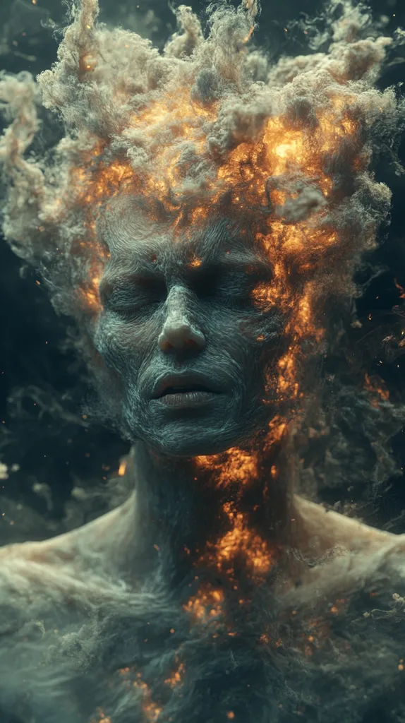 A digital art piece depicts a serene face emerging from a swirling vortex of ash and fire.  The eyes are closed, and the expression is peaceful despite the chaotic, fiery elements engulfing the figure.  The texture is highly detailed, creating a sense of both fragility and immense power. The color palette is dark and moody, with fiery oranges contrasting against cool greys and blues.