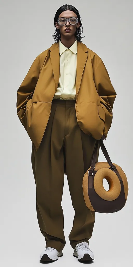 A model wears a mustard-colored oversized blazer and matching pleated trousers.  A pale yellow shirt is visible underneath.  The model also sports clear-framed glasses and white sneakers.  A unique, donut-shaped brown and beige handbag is carried over one arm.  The overall style is minimalist and sophisticated.