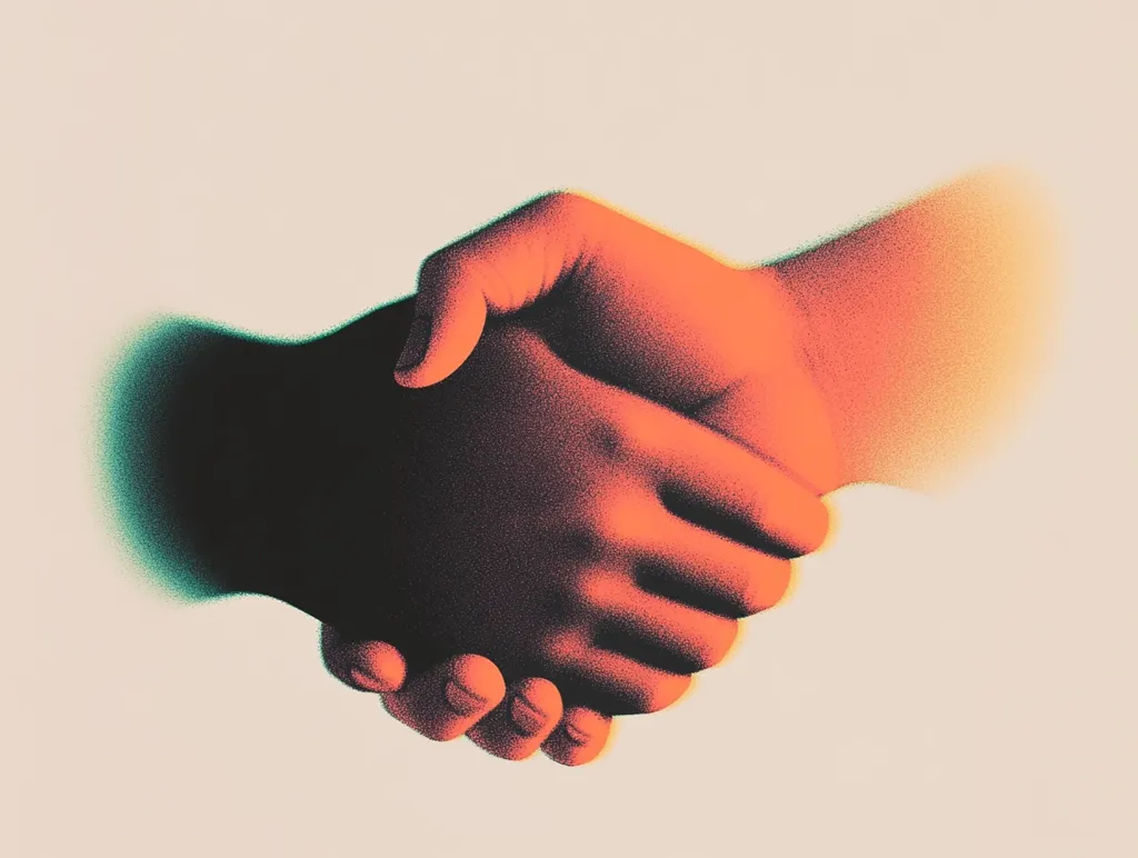A stylized illustration depicts two hands clasped in a handshake.  The hands are rendered in shades of orange and dark teal, with a textured, almost grainy appearance.  One hand is more clearly defined than the other, creating a sense of depth and mystery. The background is a muted beige, emphasizing the central focus on the handshake. The image evokes themes of connection, agreement, or collaboration.