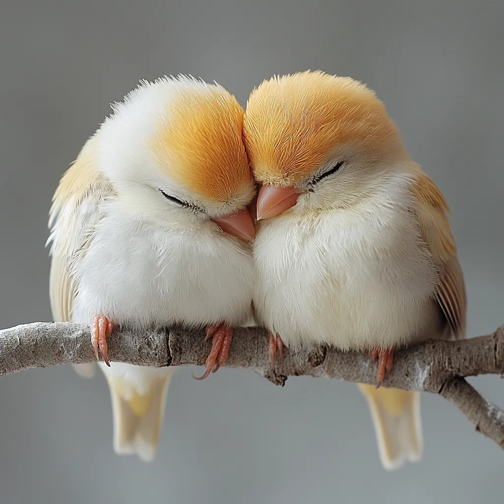 Two small birds, with fluffy white bodies and orange crests, snuggle together asleep on a thin branch.  Their eyes are closed, and their heads are nestled closely. The soft, muted colors and gentle pose create a serene and heartwarming image.  The birds appear peaceful and content in each other's company.
