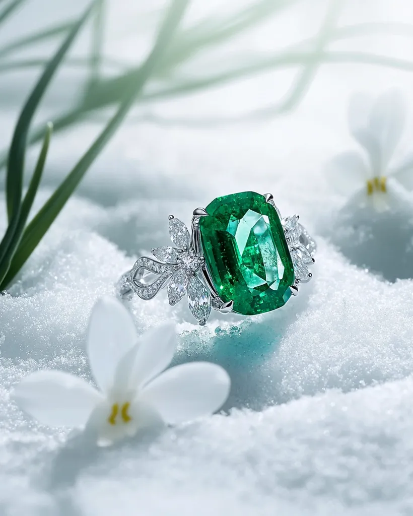 A stunning platinum ring features a vibrant, emerald-cut emerald as its centerpiece.  Delicate diamond accents, shaped like stylized flowers, adorn the band, complementing the rich green gemstone. The ring rests on a bed of sparkling white, creating a luxurious and serene setting.  White blossoms add to the elegant composition.