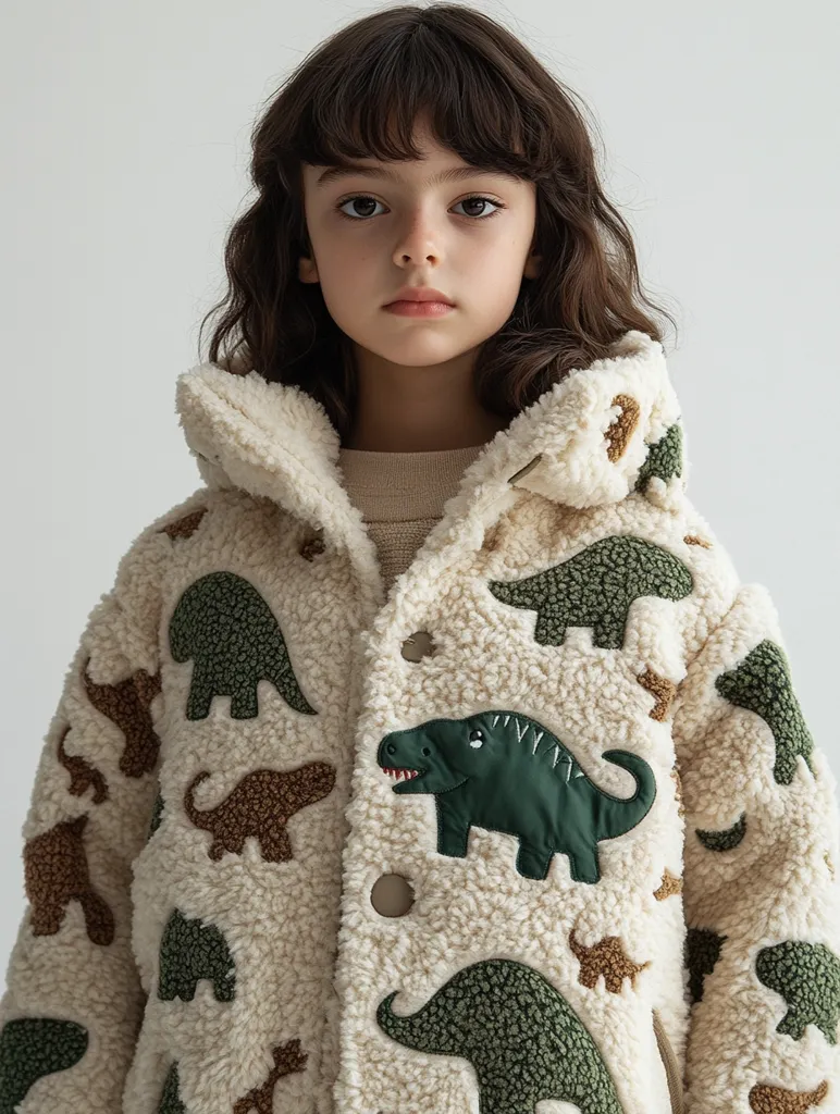 A young girl with dark brown hair models a cream-colored sherpa jacket adorned with embroidered dinosaurs in shades of brown and green. The jacket features a hooded neckline and button closure. The girl's expression is serious and direct, her gaze fixed on the viewer.  The overall style is casual and childlike, suggesting warmth and playfulness.