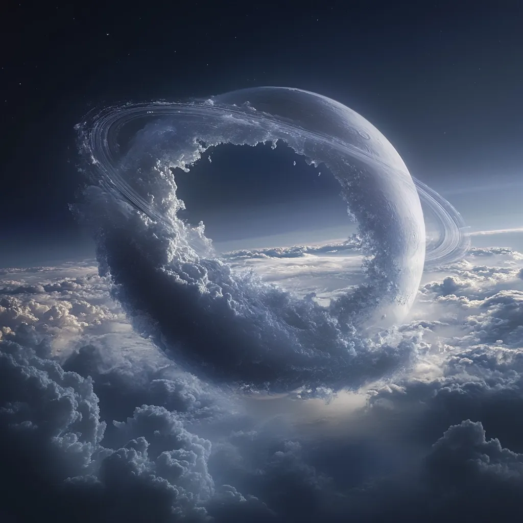 A breathtaking digital artwork depicts a celestial body, possibly a planet or moon, partially obscured by a swirling mass of clouds.  Its rings are fragmented, appearing as ethereal wisps encircling the main body.  The scene is set against a backdrop of a dark, star-studded space, creating a dramatic and otherworldly atmosphere.  The clouds below add depth and a sense of scale to the cosmic spectacle.