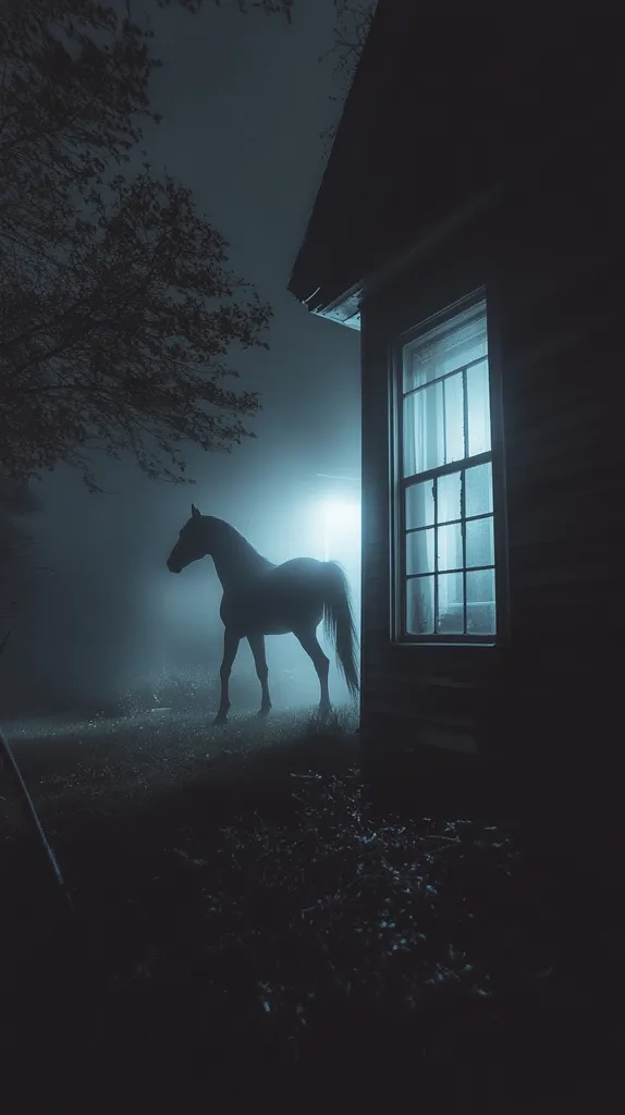 A dark silhouette of a horse stands in a foggy field at night, illuminated by a faint light emanating from a nearby house's window.  The house is dark and mysterious, its single lit window casting a pale glow on the horse and the surrounding mist.  The scene evokes a sense of solitude and mystery, with the horse appearing both majestic and slightly forlorn.