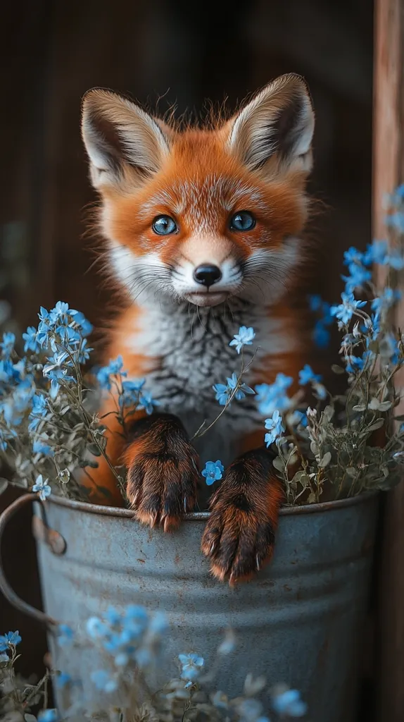 An adorable red fox kit with striking blue eyes sits nestled in a rustic metal bucket overflowing with delicate blue forget-me-not flowers.  Its paws rest on the bucket's rim, creating a charming and heartwarming scene. The fox's soft fur contrasts beautifully with the vibrant blue blossoms, creating a captivating image.
