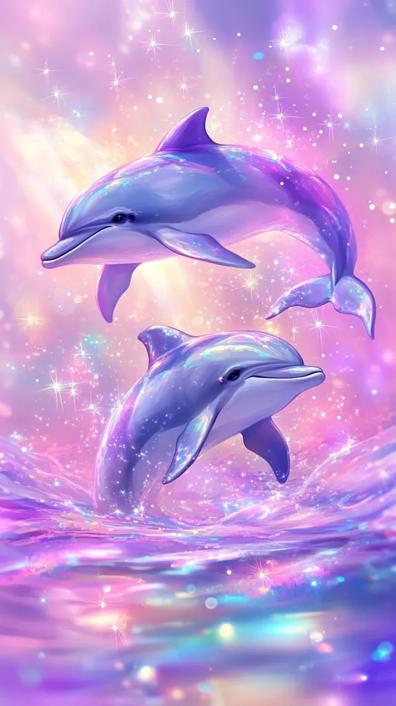 Two iridescent dolphins leap playfully through a vibrant, pastel sky filled with sparkling stars.  The dolphins, rendered in shades of purple and blue, appear almost ethereal against the dreamy, colorful background. The water below shimmers with light, mirroring the magical atmosphere above.  The overall scene evokes a sense of wonder and enchantment.