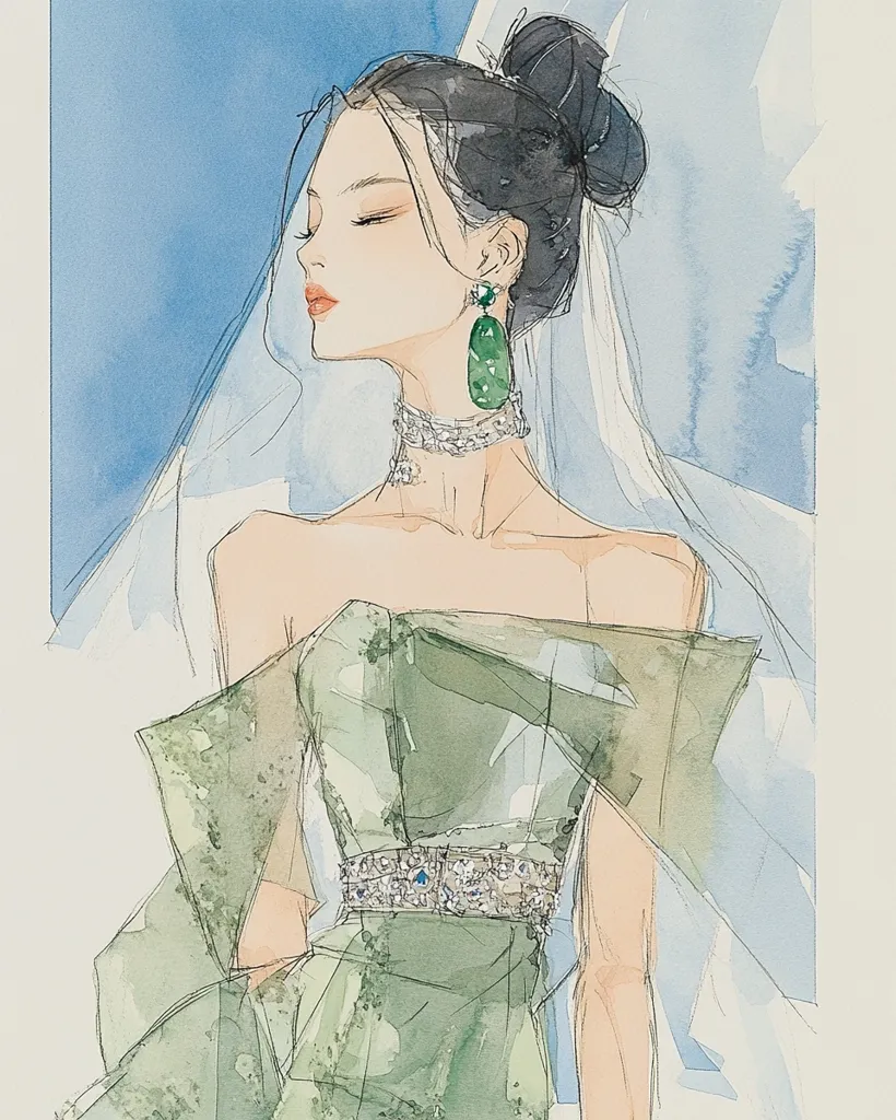 A watercolor illustration depicts a woman in a sage green, off-the-shoulder gown adorned with a jeweled belt.  She wears large jade earrings and a delicate choker. Her dark hair is styled in an updo, and a sheer veil drapes behind her. The style is elegant and ethereal, with a soft color palette and delicate lines. The background is a muted blue wash.