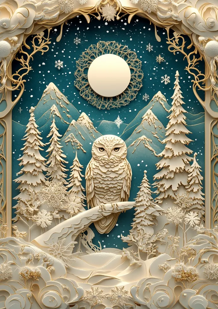 Intricate paper art depicts a snowy winter scene.  A majestic owl sits on a branch in a whimsical forest of delicately crafted trees, set against a backdrop of mountains and a full moon.  The artwork features a detailed, ornate frame and snowflakes, creating a sense of depth and wonder.  The overall aesthetic is elegant and festive, evoking a feeling of tranquility and the magic of winter.