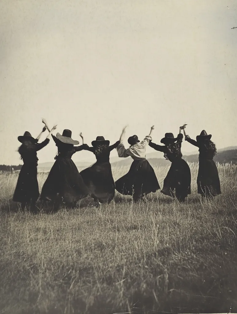 A sepia-toned photograph captures six women, dressed in long, dark dresses and wide-brimmed hats, standing in a grassy field. Their arms are raised in a celebratory gesture, their backs to the camera. The sky is a muted gray-white, creating a dramatic contrast with the dark figures.  The overall mood is mysterious and evocative, reminiscent of a coven or ceremonial gathering.