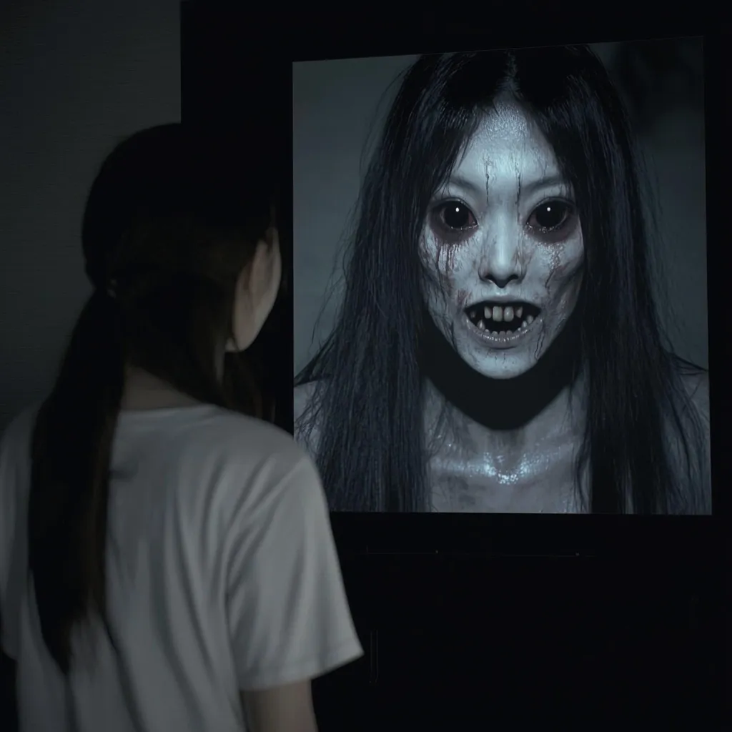 A young woman with long dark hair faces away from the viewer, looking at a television screen.  The screen displays a terrifying image of a pale, ghostly woman with long black hair, bloodstains, and a grotesque expression. The scene is dimly lit, creating a suspenseful and eerie atmosphere. The overall impression is one of horror and fear.