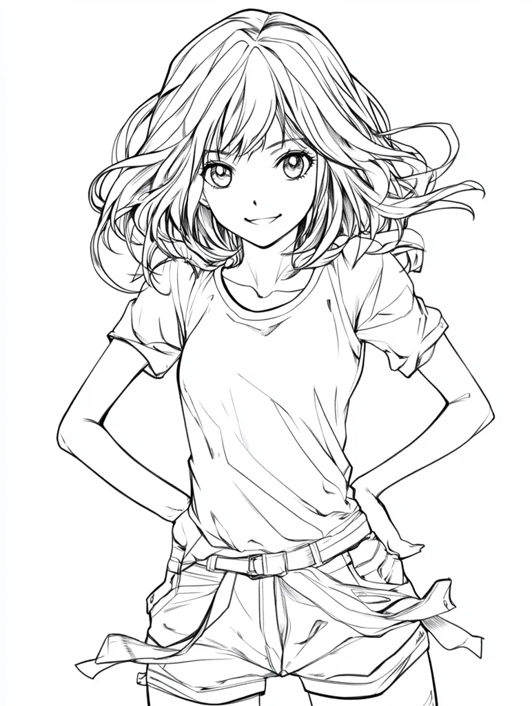 A line drawing of an anime-style girl with shoulder-length hair, wearing a loose-fitting t-shirt and shorts.  Her hands are on her hips, and her expression is pleasant. The style is clean and detailed, emphasizing the character's youthful appearance. The wind seems to be gently blowing her hair. The image is suitable for coloring or as a character design.