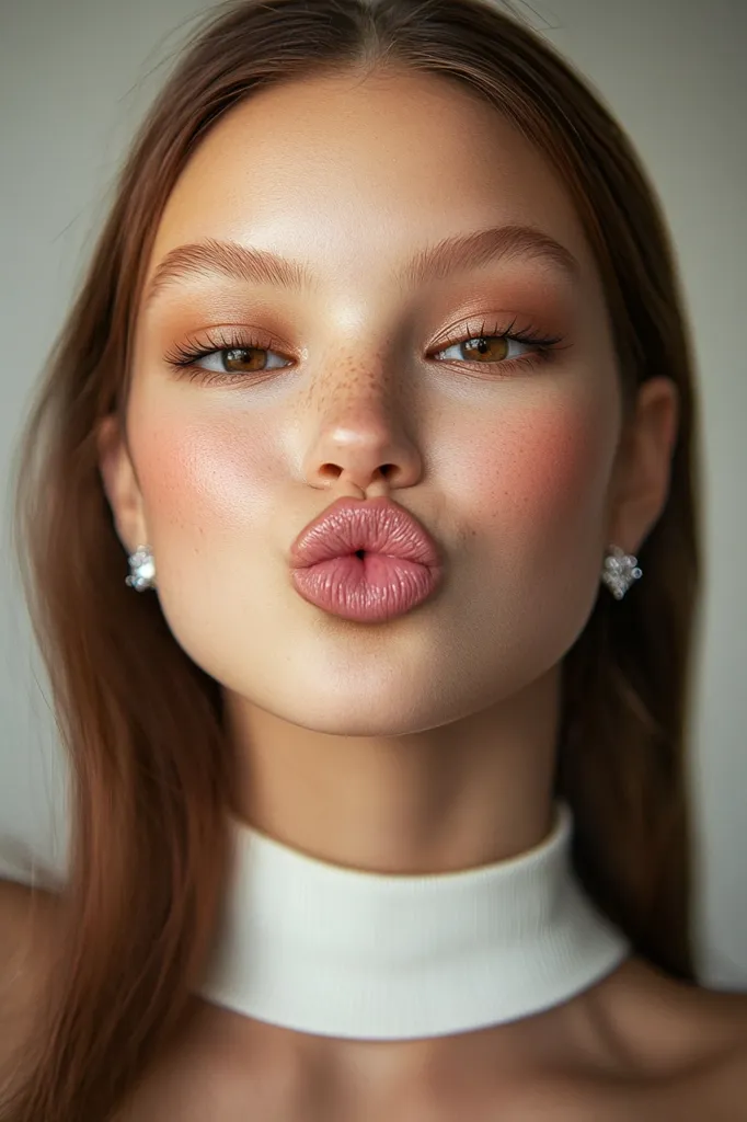 Close-up portrait of a young woman with long brown hair. She's wearing a white turtleneck and has subtle makeup, including peachy eyeshadow and blush. Her expression is a playful kissy face, her lips puckered in a cute pose.  Freckles are visible on her light skin. The overall look is soft, natural, and beautiful.