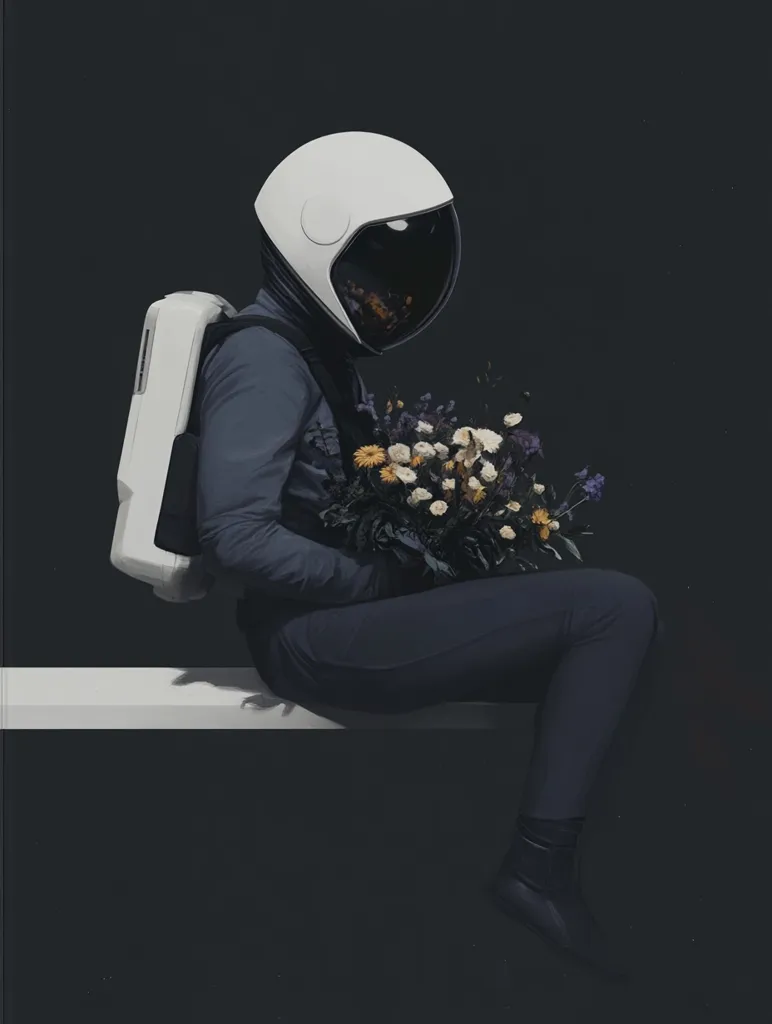An astronaut, clad in a sleek white helmet and dark suit, sits on a minimalist white ledge against a stark black backdrop.  They gently hold a bouquet of wildflowers, a poignant contrast between the cold technology and the delicate beauty of nature.  The image evokes a sense of solitude and contemplation, hinting at a story of personal reflection or longing.