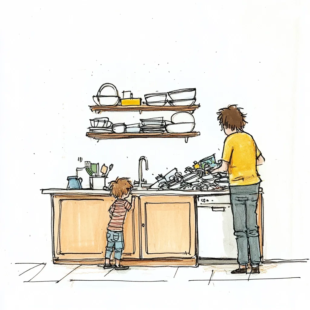 A father washes a mountain of dishes in the kitchen sink, while his young son watches intently from the side.  Dishes and bowls overflow the sink and counter.  Clean dishes are neatly stacked on shelves above.  The scene is depicted in a loose, expressive style, with warm tones in the kitchen cabinetry.  The father wears a yellow shirt, and the boy a striped shirt and jeans.