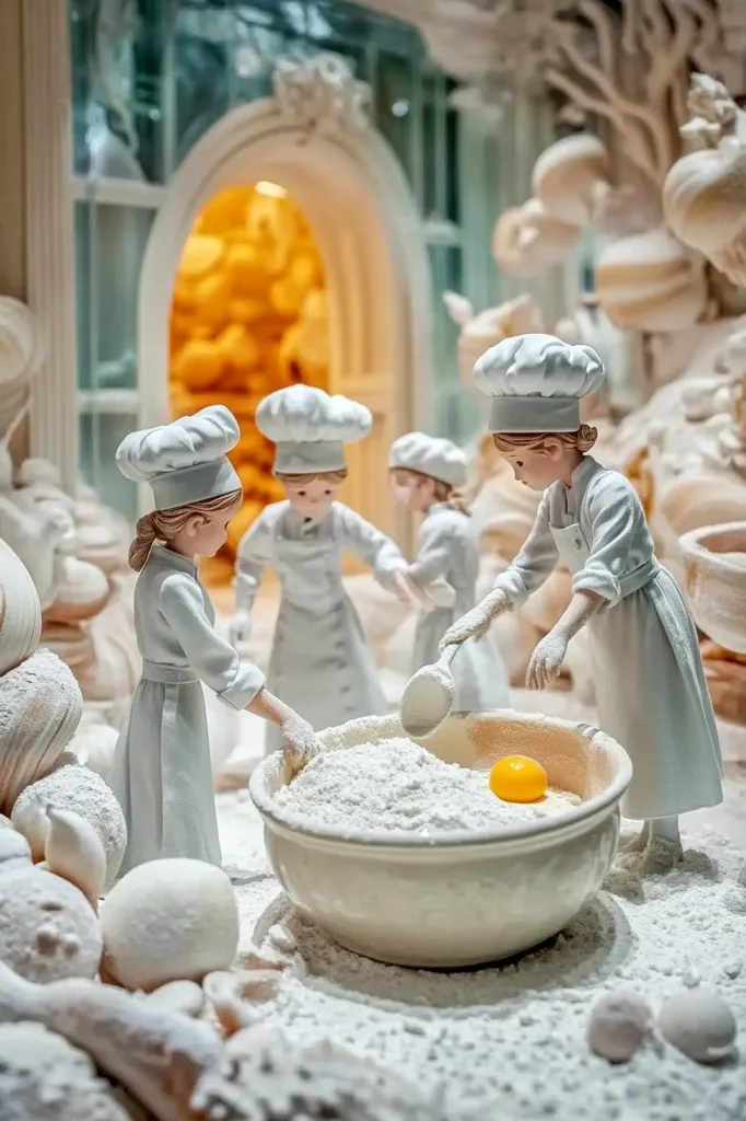 Miniature chef figurines, dressed in white, are meticulously adding flour to a bowl.  A single yolk rests atop the flour.  The scene is set in a charming, ornate bakery-like setting, complete with decorative flourishes and a blurred background suggesting warm ovens.  The overall ambiance is whimsical and detailed, resembling a miniature diorama.