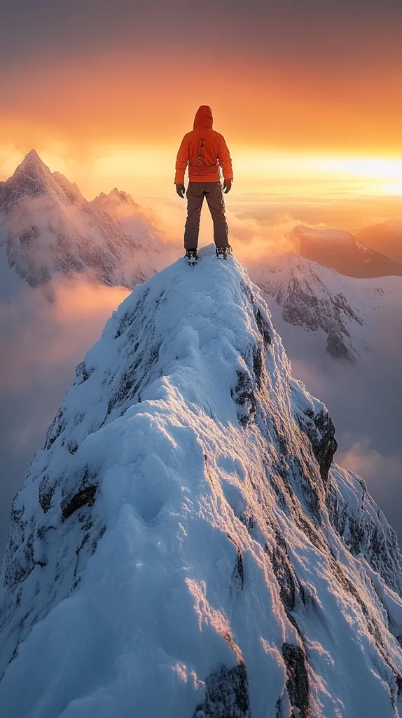 A lone figure in an orange jacket stands atop a snow-covered mountain peak, silhouetted against a vibrant sunset.  The vast, snow-capped mountain range stretches into the distance, partially obscured by a layer of clouds.  The scene evokes a sense of accomplishment and the breathtaking beauty of a high-altitude wilderness.  The warm sunset colors contrast beautifully with the cold, snowy landscape.
