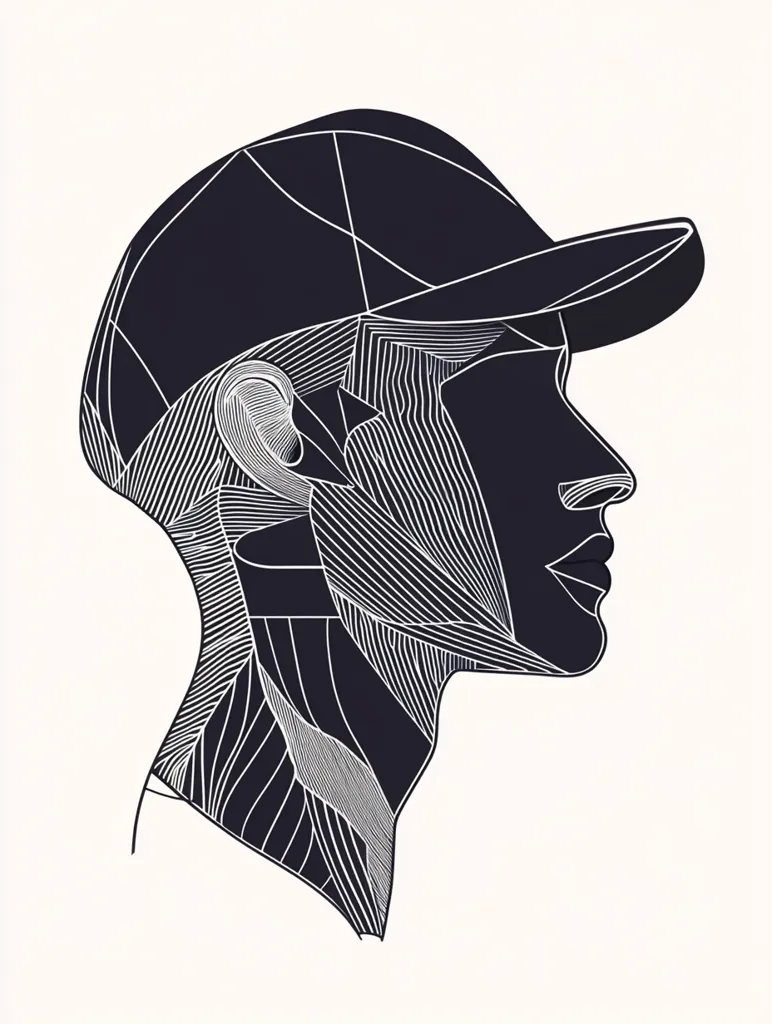 A stylized profile portrait of a person wearing a baseball cap. The image is rendered in black and white, with the subject's face and neck depicted using a series of parallel lines creating a textured effect.  The cap is solid black, contrasting with the lined face. The overall style is minimalist and geometric.