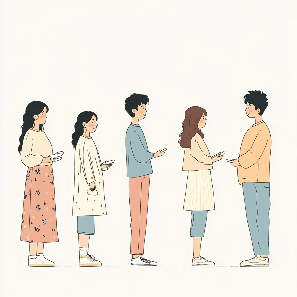 Five stylized figures stand in a line, each holding a small object, possibly a phone or cup.  They are casually dressed in pastel-toned clothing. Two women are on the left, followed by a man and a woman in the center, and a man on the right. The illustration features a minimalist aesthetic with clean lines and muted colors.  They appear to be waiting patiently in a queue.