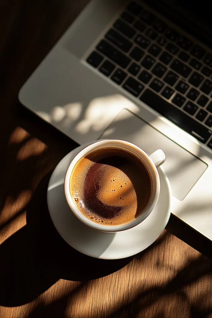 A steaming cup of coffee sits on a saucer next to a laptop on a wooden desk.  Sunlight streams through a window, casting shadows across the scene. The coffee appears dark and rich, suggesting a strong brew. The laptop is partially visible, hinting at work or leisure activities. The overall mood is calm and inviting.