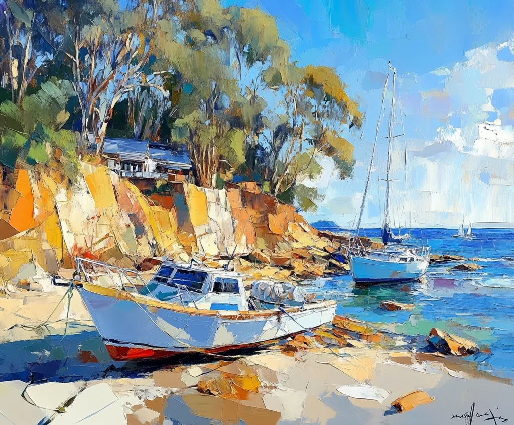 A vibrant oil painting depicts a tranquil coastal scene. A small white fishing boat rests on a rocky beach, nestled beneath a cliffside house partially hidden by lush green trees. Two sailboats are anchored in the calm blue water. The artist uses bold brushstrokes and a vivid color palette to create a textured, impressionistic effect, capturing the bright sunlight and peaceful atmosphere of the seaside setting.