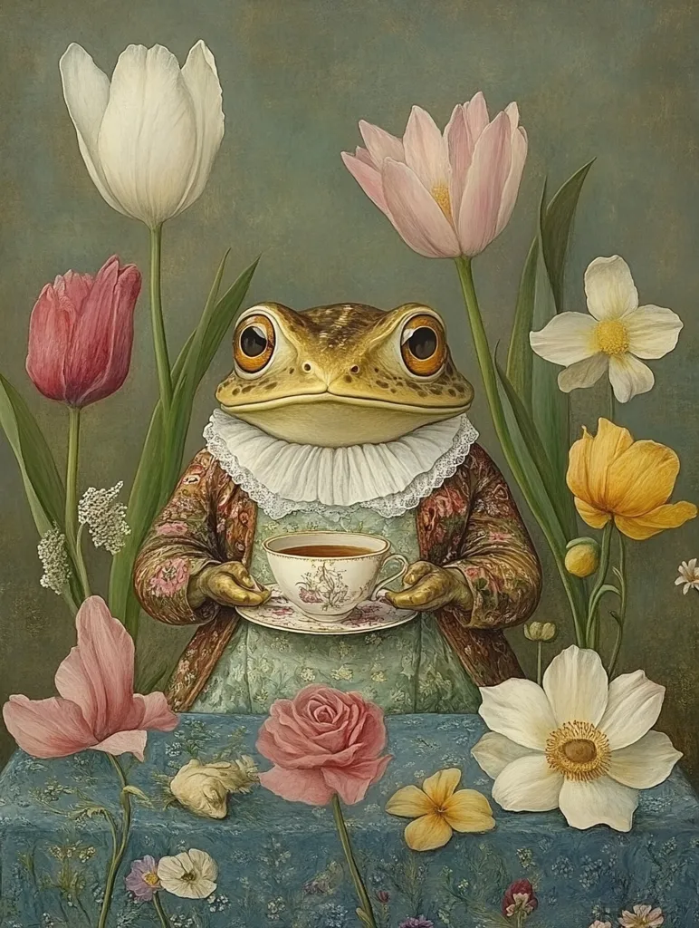 A meticulously detailed painting depicts a frog, anthropomorphized in an ornate gown and lace collar, gracefully holding a teacup and saucer.  Surrounding the frog is an array of vibrantly colored tulips, anemones, and roses, arranged on a table with a floral patterned cloth. The overall style is reminiscent of classical still life painting, with a whimsical, fantastical twist.