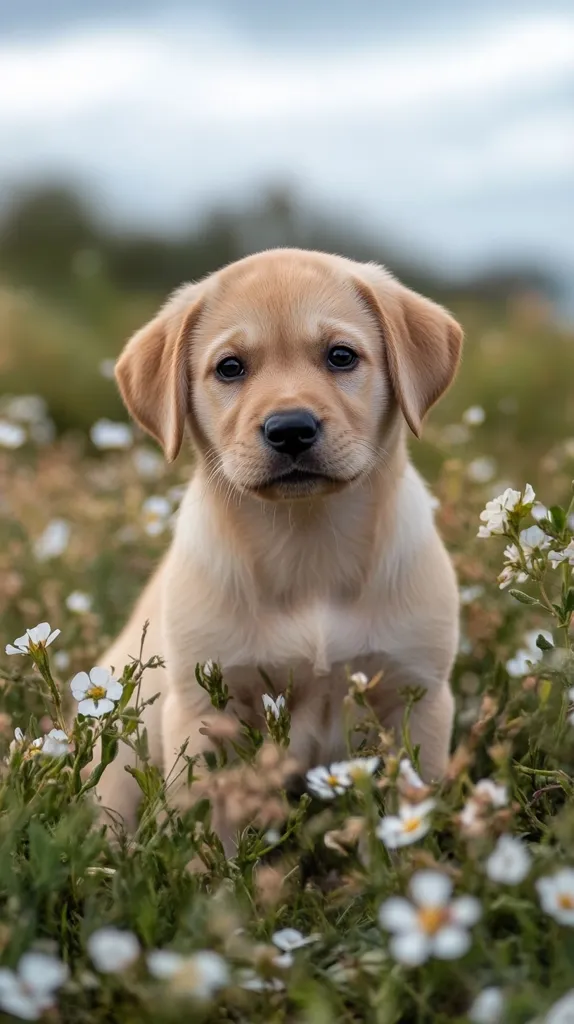 An adorable yellow Labrador puppy sits amidst a field of delicate white flowers.  Its soft fur and big, expressive eyes are captivating.  The puppy looks directly at the camera, creating a heartwarming and charming image. The blurred background emphasizes the puppy, making it the clear focus of the photograph.
