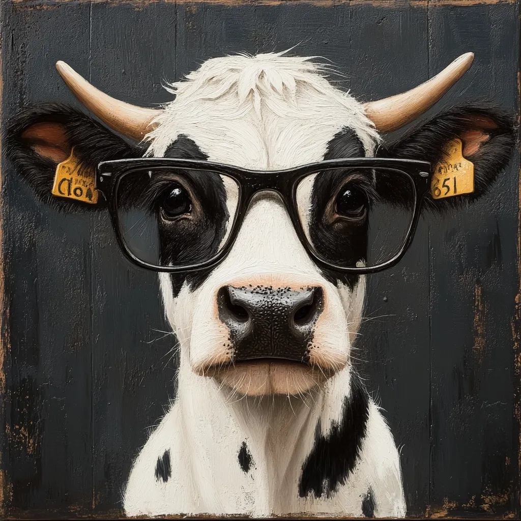A close-up painting of a cow wearing black-rimmed glasses.  The cow is predominantly white with black patches, and its expression is serious and slightly comical.  The background is a dark gray wood-paneled texture.  Yellow ear tags with numbers are visible on either side of its head.  The style is realistic with visible brushstrokes.