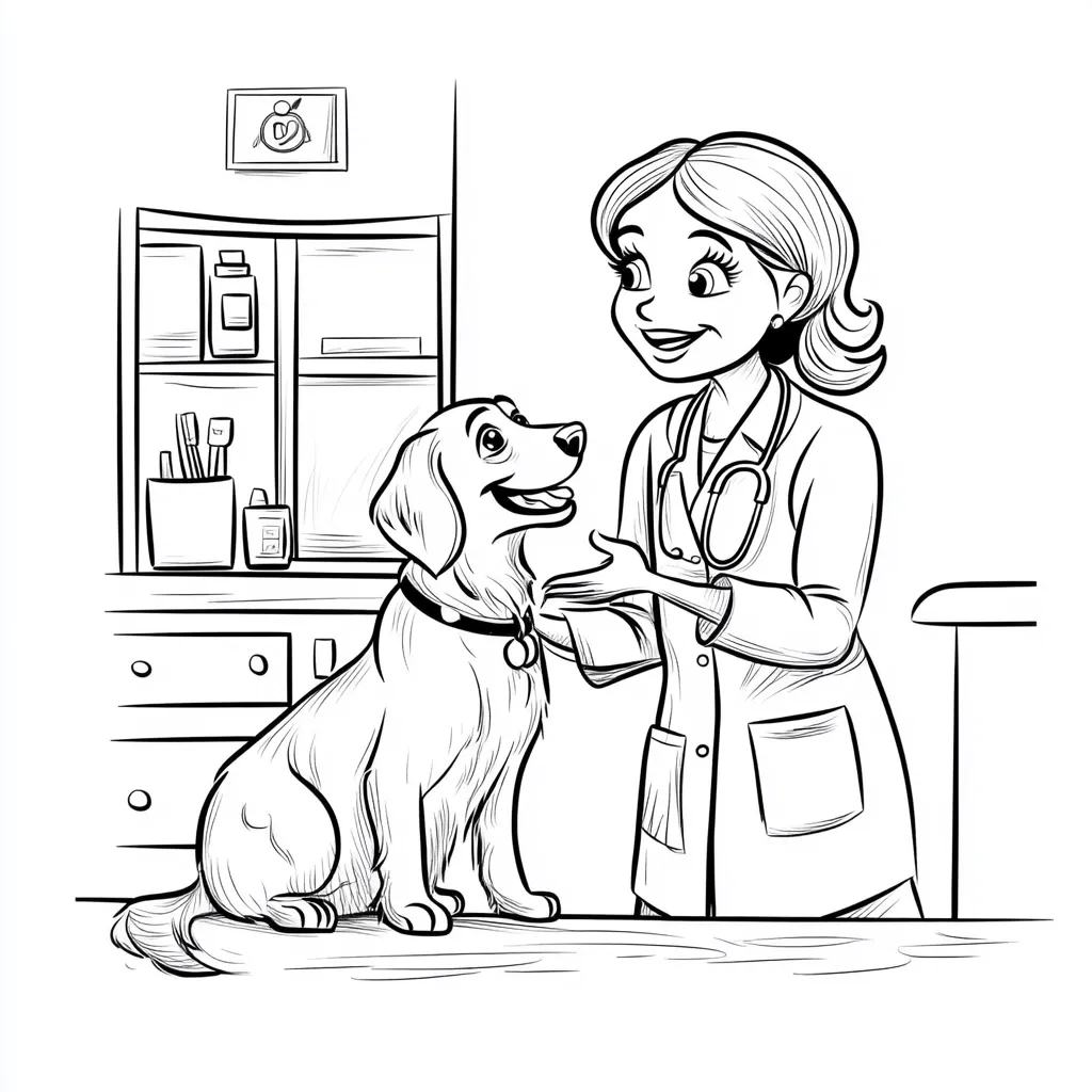A smiling female veterinarian examines a happy Golden Retriever at a veterinary clinic.  The dog sits calmly on an examination table while the vet gently touches its neck.  The clinic features a cabinet stocked with medical supplies and drawers. The scene is drawn in black and white, with a cartoon style.