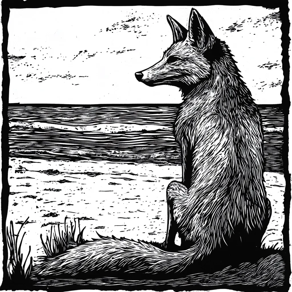 A black and white woodblock print depicts a fox sitting on a beach, gazing out at the ocean.  The fox is rendered in detailed fur texture, contrasting with the simpler lines used for the water and sand.  Sparse beach grass is visible in the foreground. The overall style is stark and evocative, suggesting a sense of solitude and contemplation.