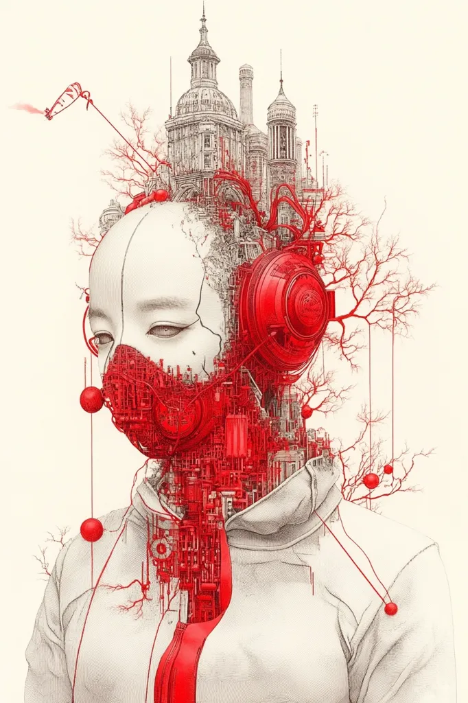 A stylized illustration depicts a person with a face partially obscured by a red, intricate, mechanical mask.  A cityscape rises from their head, interwoven with red veins and bare branches.  Red accents highlight the mechanical elements, which extend down the body, contrasting with the grayscale clothing. The overall style is intricate and surreal, suggesting a blend of urban decay, technology, and nature.