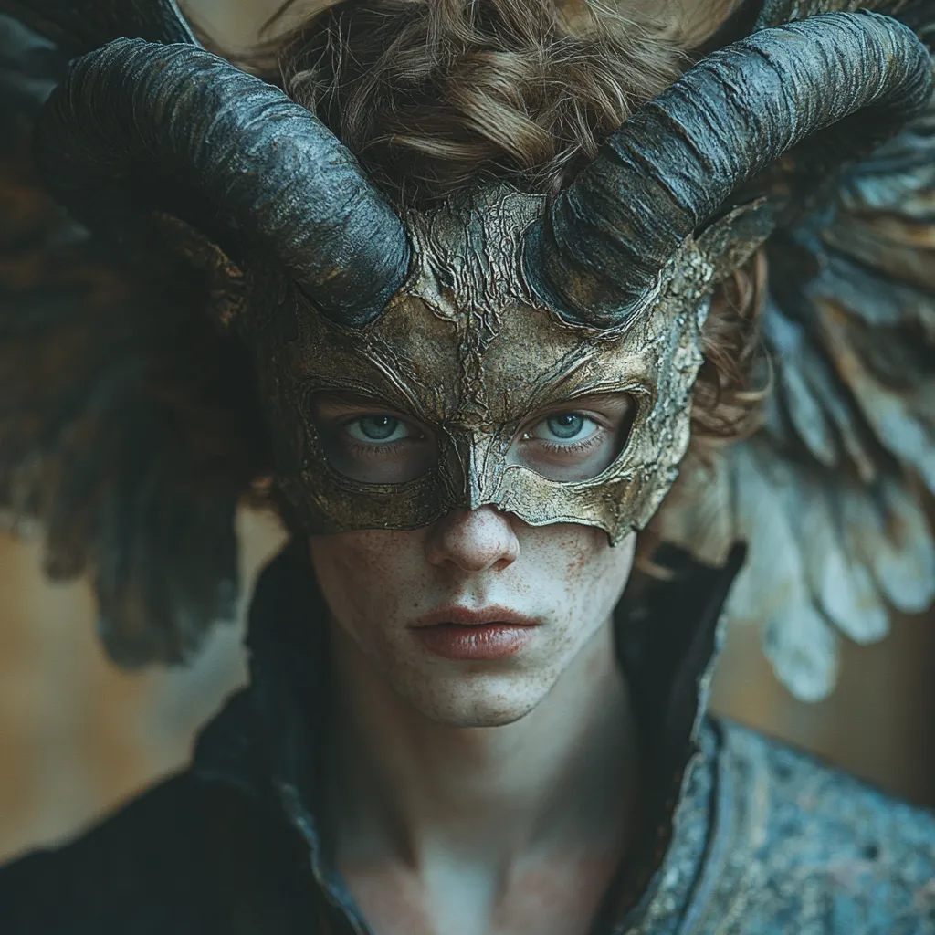 A young person with reddish-brown hair wears an intricately crafted, gold and dark-grey mask. The mask features large, curved horns and a textured, almost organic surface.  Their pale skin is visible around the mask's eyeholes, showcasing freckles. The overall aesthetic is dark, fantasy-inspired, and slightly mysterious.  Large, feathery elements frame the mask, adding to the dramatic effect.