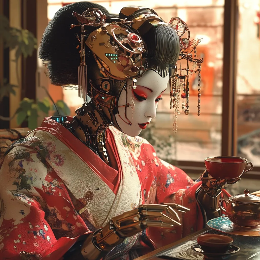 A geisha-inspired robot, intricately designed with gold metallic elements and a traditional red kimono, sits at a table.  Her porcelain-like face is subtly adorned with makeup. She holds a small red teacup, showcasing a blend of futuristic technology and classical Japanese aesthetics in a serene tea ceremony setting. The background features a soft, warm-toned window.