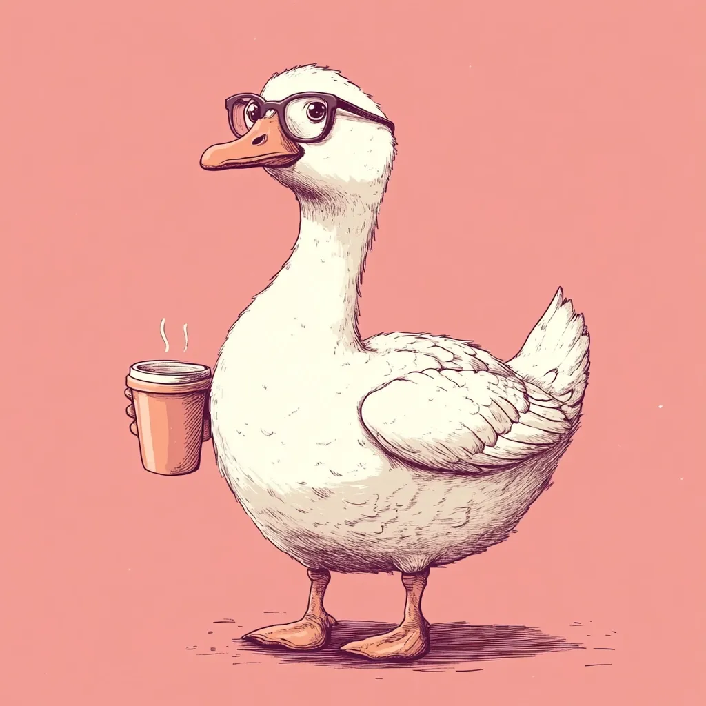 A whimsical illustration of a white goose wearing glasses and holding a disposable coffee cup.  The goose is depicted in a detailed, hand-drawn style against a pale pink background. The scene is charming and humorous, suggesting a sophisticated and slightly quirky character.  The image evokes a sense of gentle humor and everyday life.
