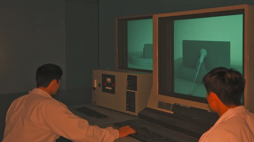 Two individuals in lab coats operate a vintage computer system displaying a teal-toned image of a wind tunnel experiment.  The monitors show a dark object within a lighter-colored wind tunnel, with a slender object extending down from above.  The scene suggests scientific research or engineering testing within a controlled environment.  The dimly lit room emphasizes the focus on the computer and the experiment observed.