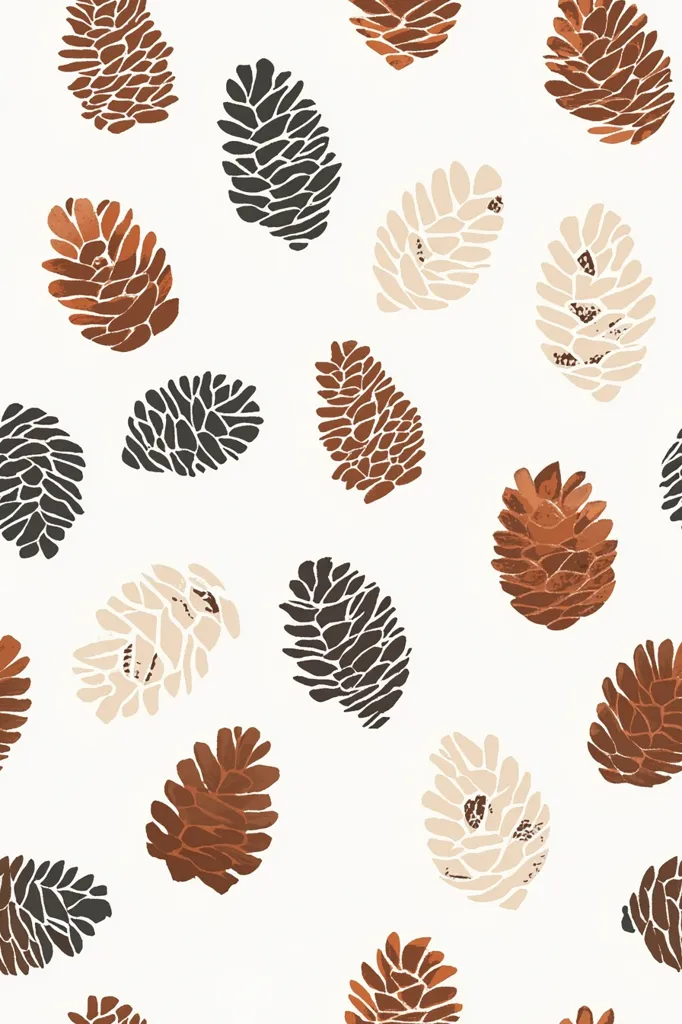 A seamless pattern of stylized pine cones in various earth tones on a white background.  The cones are depicted in shades of brown, beige, and gray, with a textured appearance.  The design is simple yet visually appealing, suitable for various applications such as fabric, wrapping paper, or home decor.  The repeating motif creates a cohesive and natural aesthetic.