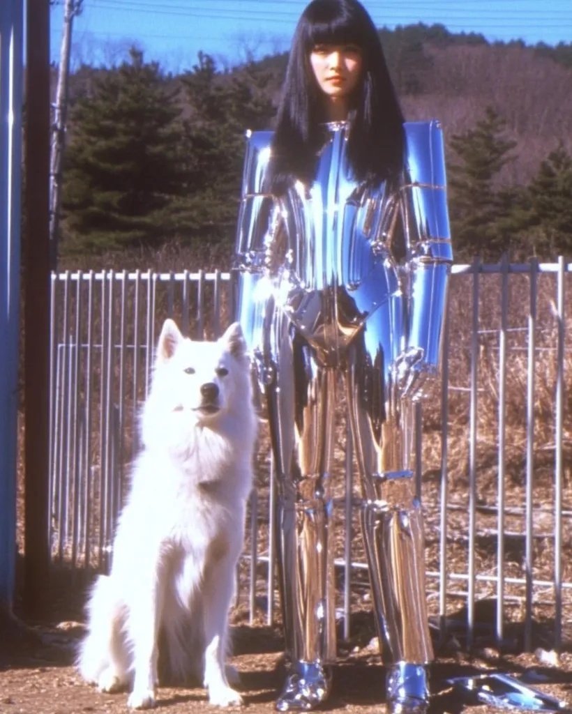A woman with long black hair, wearing a shimmering silver robotic suit, stands beside a fluffy white dog.  They are posed against a metal fence in a rural setting, with a background of trees and a clear blue sky. The overall aesthetic is futuristic and slightly surreal. The image has a vintage feel, possibly from a film still or photoshoot.