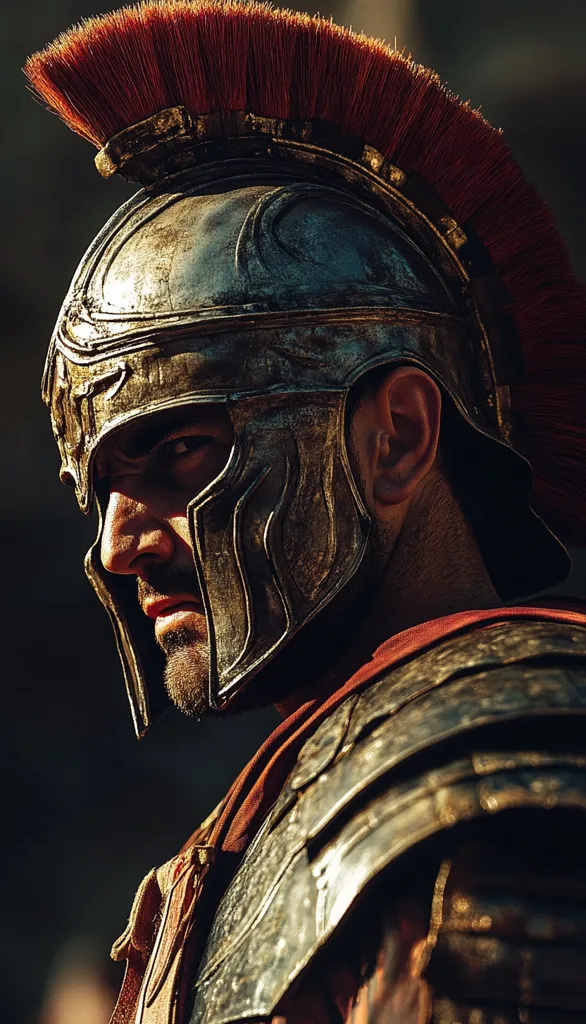 A Roman centurion, his face partially obscured by a weathered bronze helmet adorned with a crimson plume, stands in profile.  The helmet's intricate details and the soldier's hardened expression convey strength and authority.  His armor, similarly aged and worn, suggests years of service and battle. The lighting highlights the textures and emphasizes a sense of stoicism.