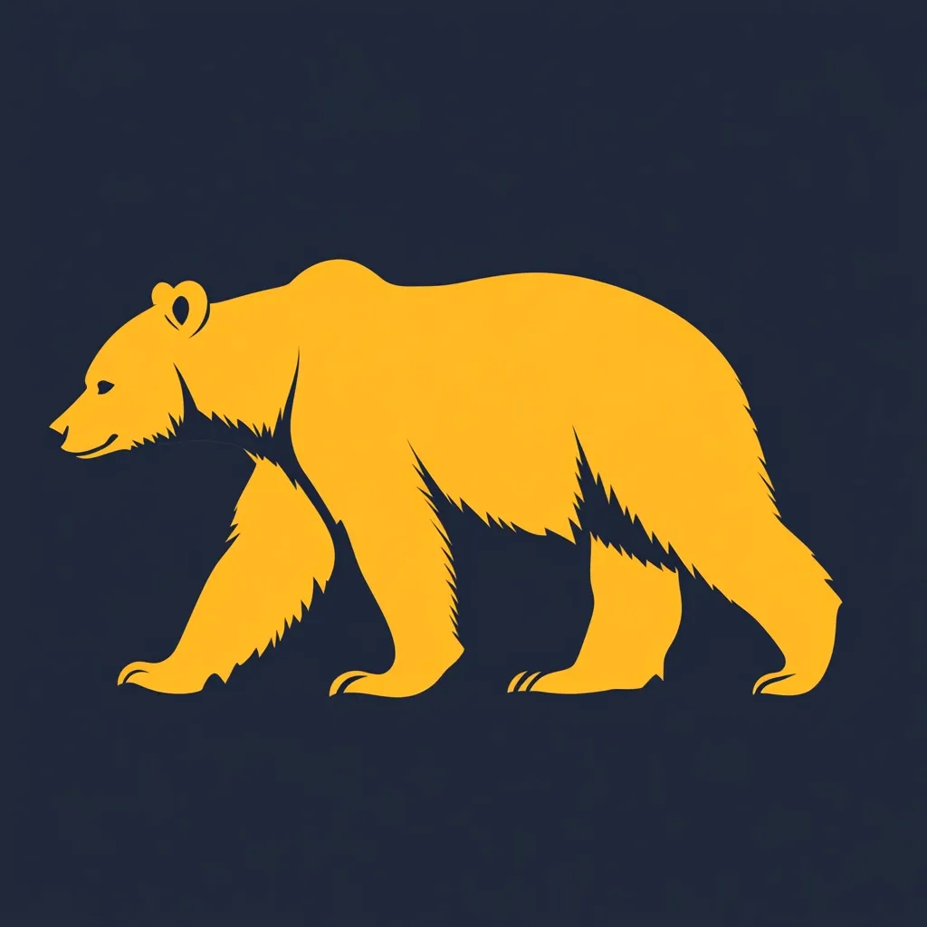 A stylized silhouette of a bear is depicted against a dark blue background.  The bear is a solid golden yellow, rendered in a simple, bold style. It is walking to the right, its form conveying a sense of strength and power. The image is minimalist and could be used for a logo or emblem.