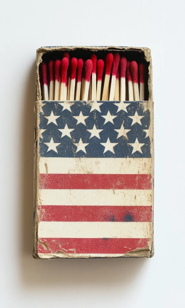A worn, vintage matchbox featuring a faded American flag design is shown.  The box is filled with matches, their red tips visible at the top. The image has a rustic, slightly distressed aesthetic, suggesting age and use.  The flag's colors are muted, and the box shows signs of wear, adding to its character.
