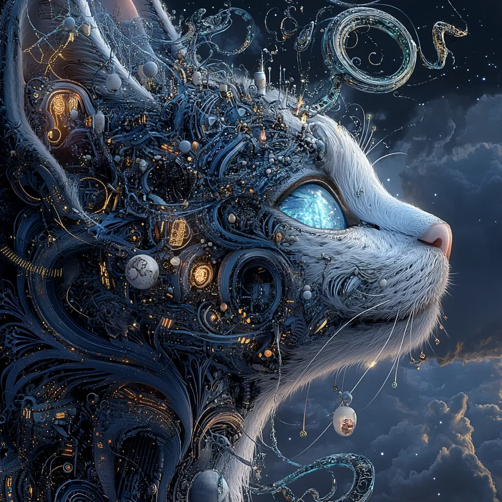 A stylized digital painting depicts a white cat's profile against a night sky.  Intricate, glowing blue and gold mechanical structures, resembling a miniature city, are interwoven with its fur.  The cat's bright blue eye stands out, and delicate details adorn its head and neck. The overall style is fantastical and surreal, blending organic and mechanical elements.