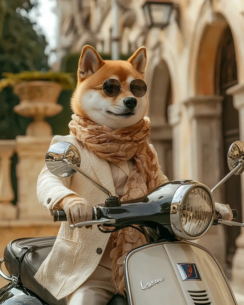 A Shiba Inu dog, wearing sunglasses and a cream-colored suit and scarf, sits stylishly on a vintage Vespa scooter.  The dog's sophisticated attire and calm demeanor create a humorous and fashionable scene, set against a backdrop of an elegant European-style building.  The image evokes a sense of chic canine adventure.