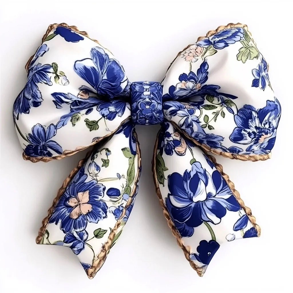 A large, decorative bow is shown.  The bow is made of a white fabric with a blue floral pattern, featuring large, prominent blue flowers and smaller green accents. The edges of the bow are outlined with a gold trim, adding a touch of elegance. The bow is presented against a plain white background, making the colors and design pop.  The overall style is reminiscent of vintage or antique floral prints.