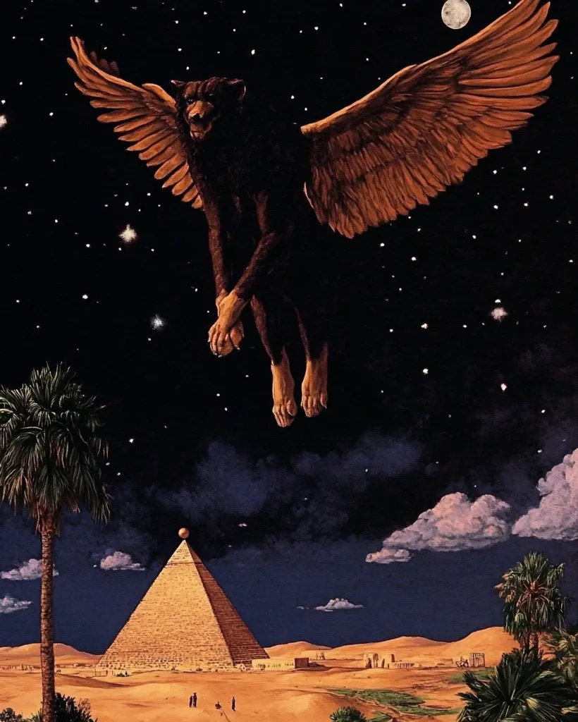 A dark-furred, winged creature, resembling a dog or lion, soars through a night sky speckled with stars and a full moon.  Below, a majestic pyramid stands in a desert landscape, silhouetted against the twilight.  Palm trees flank the scene, adding to the mystical, ancient atmosphere. The overall image evokes a sense of fantasy and mythology, possibly referencing ancient Egyptian lore.
